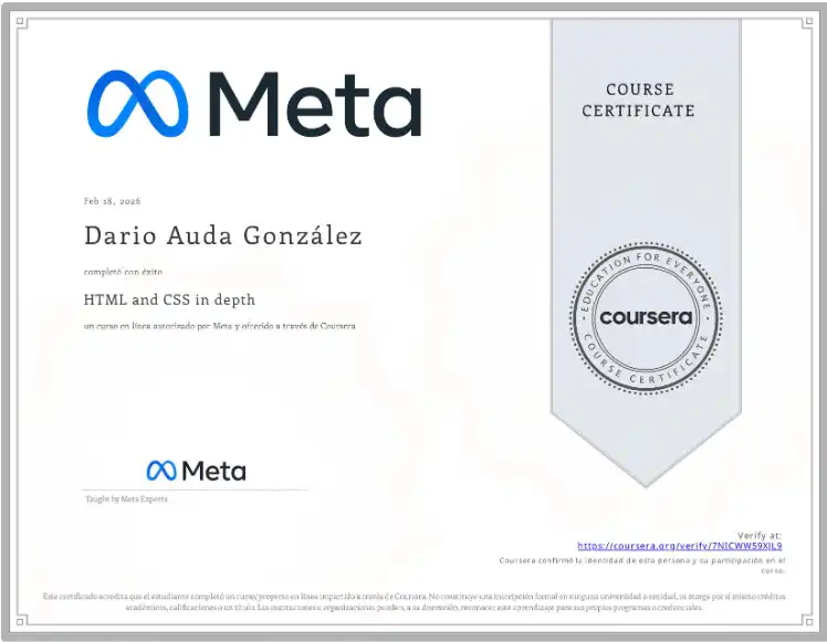 HTML and CSS in depth certificate issued by Meta (Coursera) to Dario Auda — February 2026