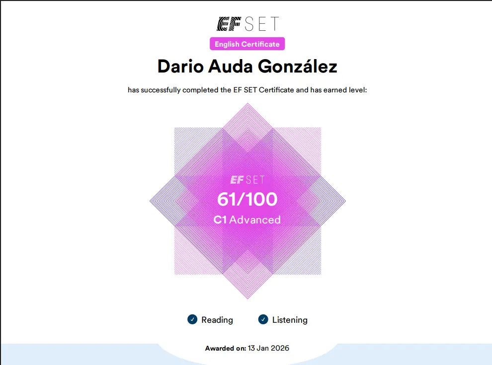 EF SET English Certificate (C1 Advanced) certificate issued by EF Education First to Dario Auda — January 2026