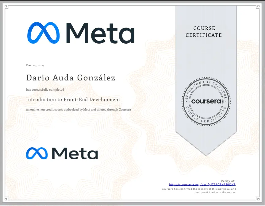 Programming with JavaScript certificate issued by Meta (Coursera) to Dario Auda — January 2026