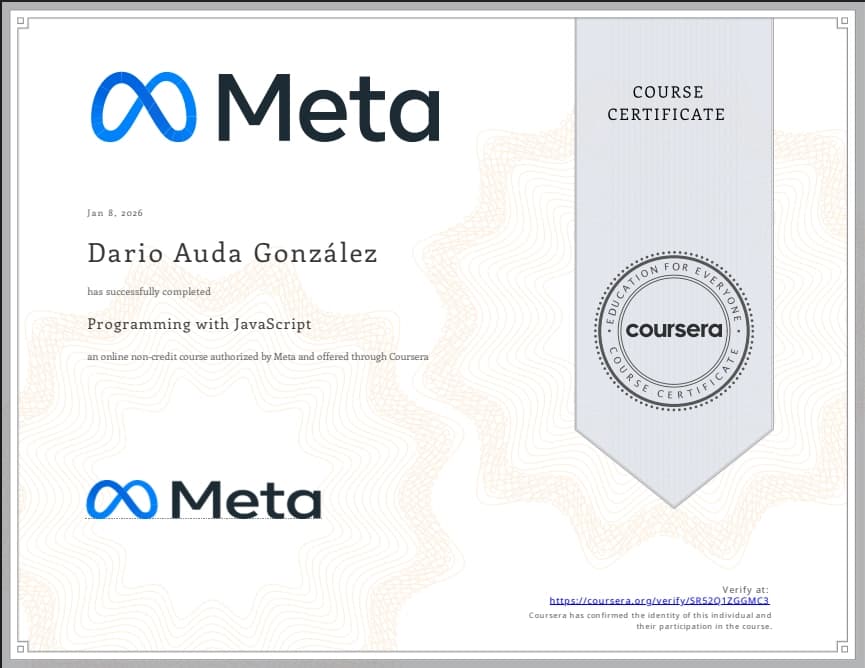 Introduction to Front-End Development certificate issued by Meta (Coursera) to Dario Auda — December 2025