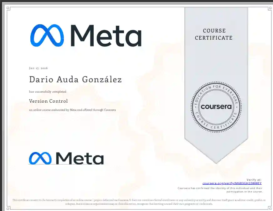 Version Control certificate issued by Meta (Coursera) to Dario Auda — January 2026